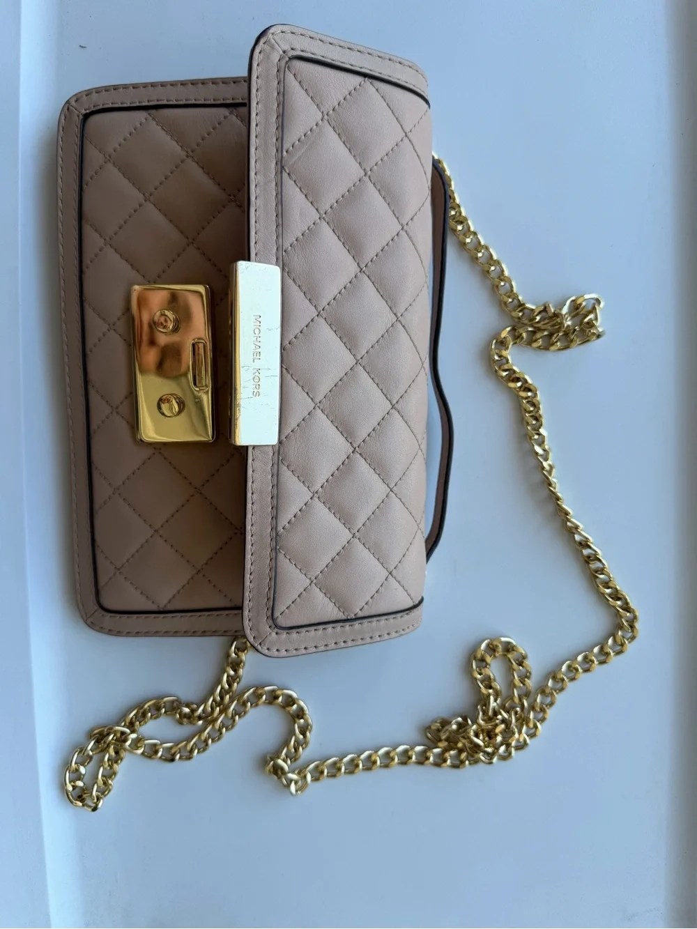 Michael Kors Quilted Nude Beige Wristlet with Gold Hardware and chain